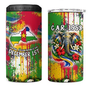 Central African Republic Day 4 in 1 Can Cooler Tumbler Elephant Colorful Paint Splatter Map Tropical Flowers