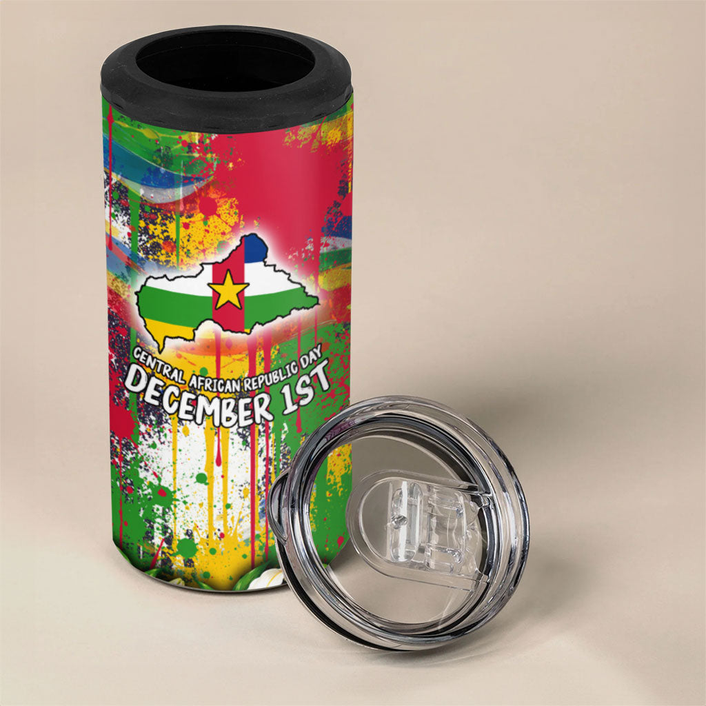 Central African Republic Day 4 in 1 Can Cooler Tumbler Elephant Colorful Paint Splatter Map Tropical Flowers