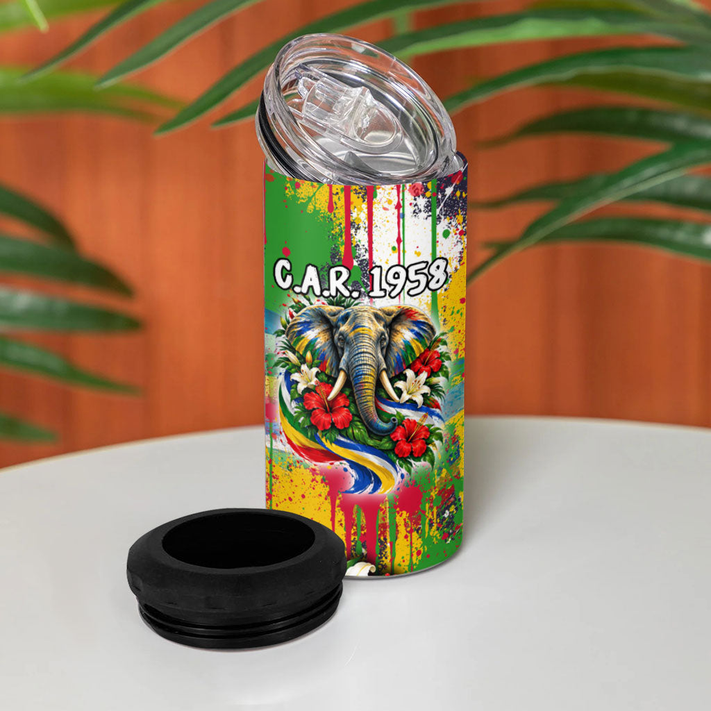 Central African Republic Day 4 in 1 Can Cooler Tumbler Elephant Colorful Paint Splatter Map Tropical Flowers