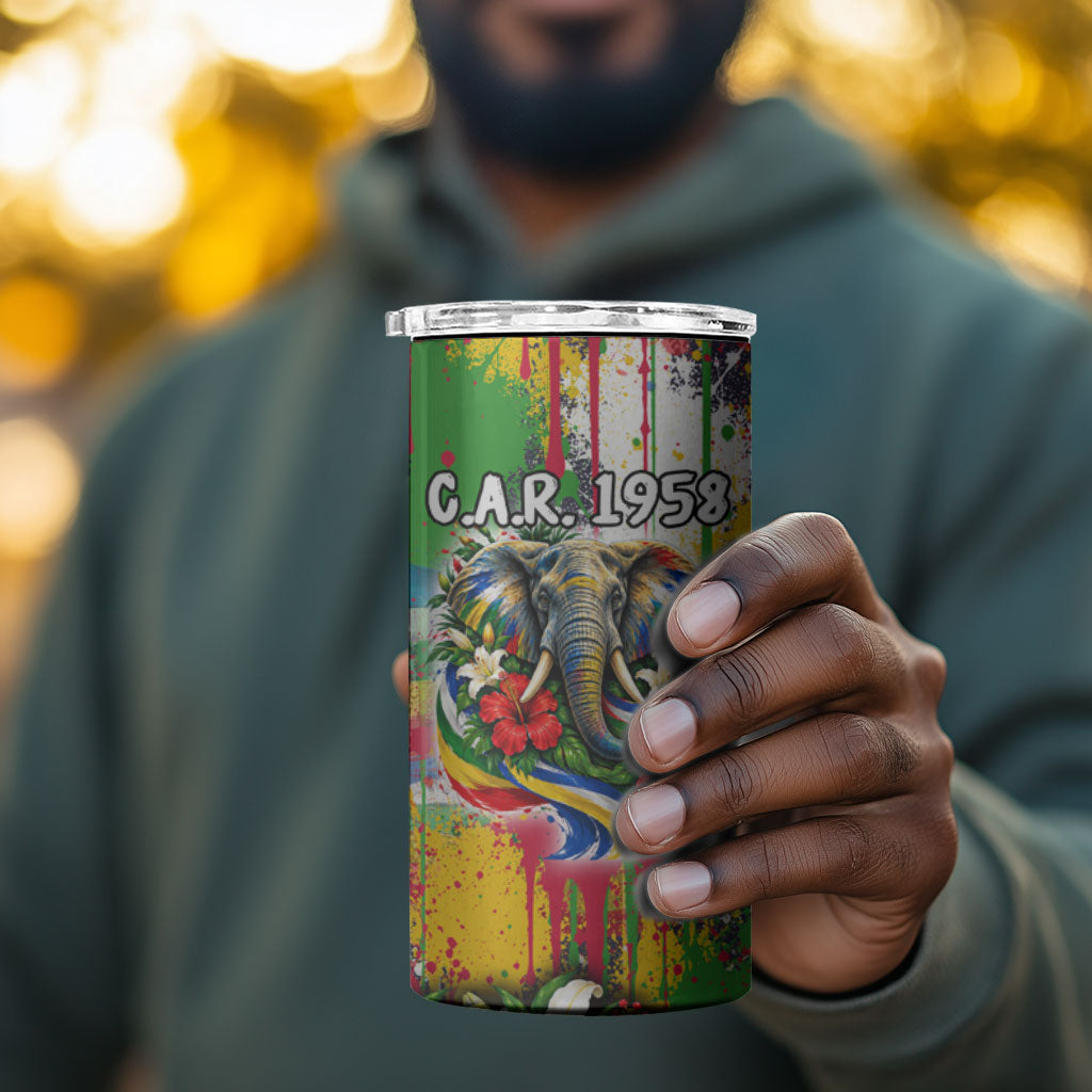 Central African Republic Day 4 in 1 Can Cooler Tumbler Elephant Colorful Paint Splatter Map Tropical Flowers
