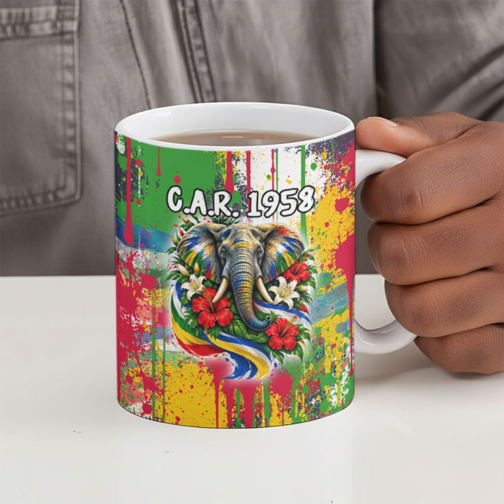Central African Republic Day Ceramic Mug Elephant Colorful Paint Splatter Map Tropical Flowers