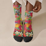 Central African Republic Day Crew Socks Elephant Colorful Paint Splatter Map Tropical Flowers