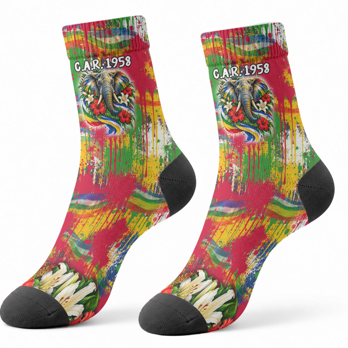 Central African Republic Day Crew Socks Elephant Colorful Paint Splatter Map Tropical Flowers