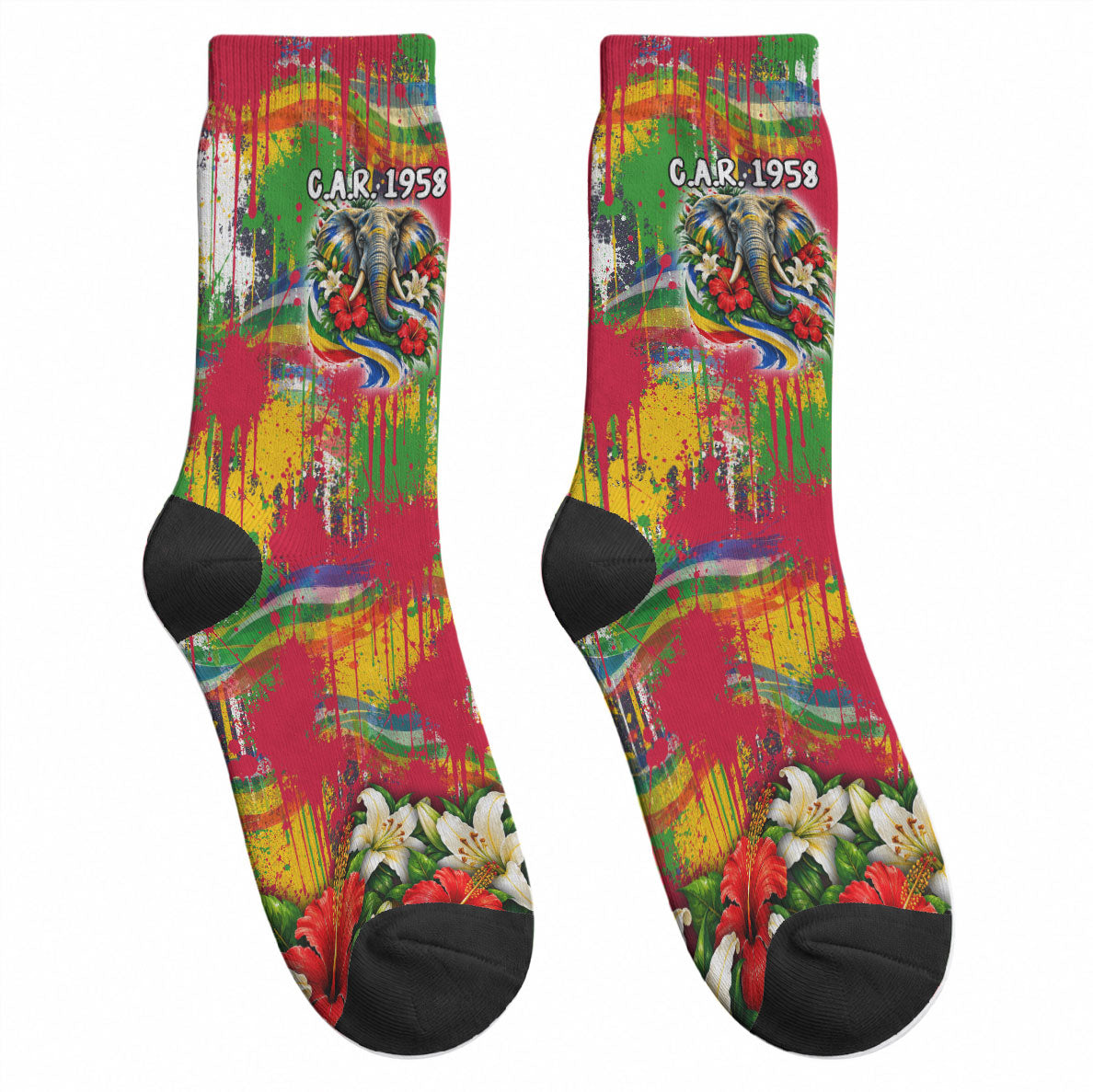 Central African Republic Day Crew Socks Elephant Colorful Paint Splatter Map Tropical Flowers