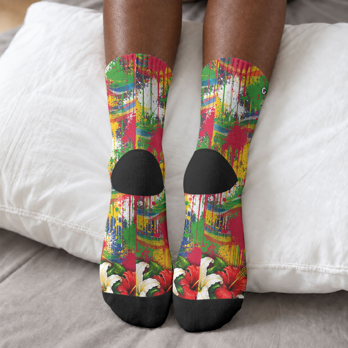 Central African Republic Day Crew Socks Elephant Colorful Paint Splatter Map Tropical Flowers