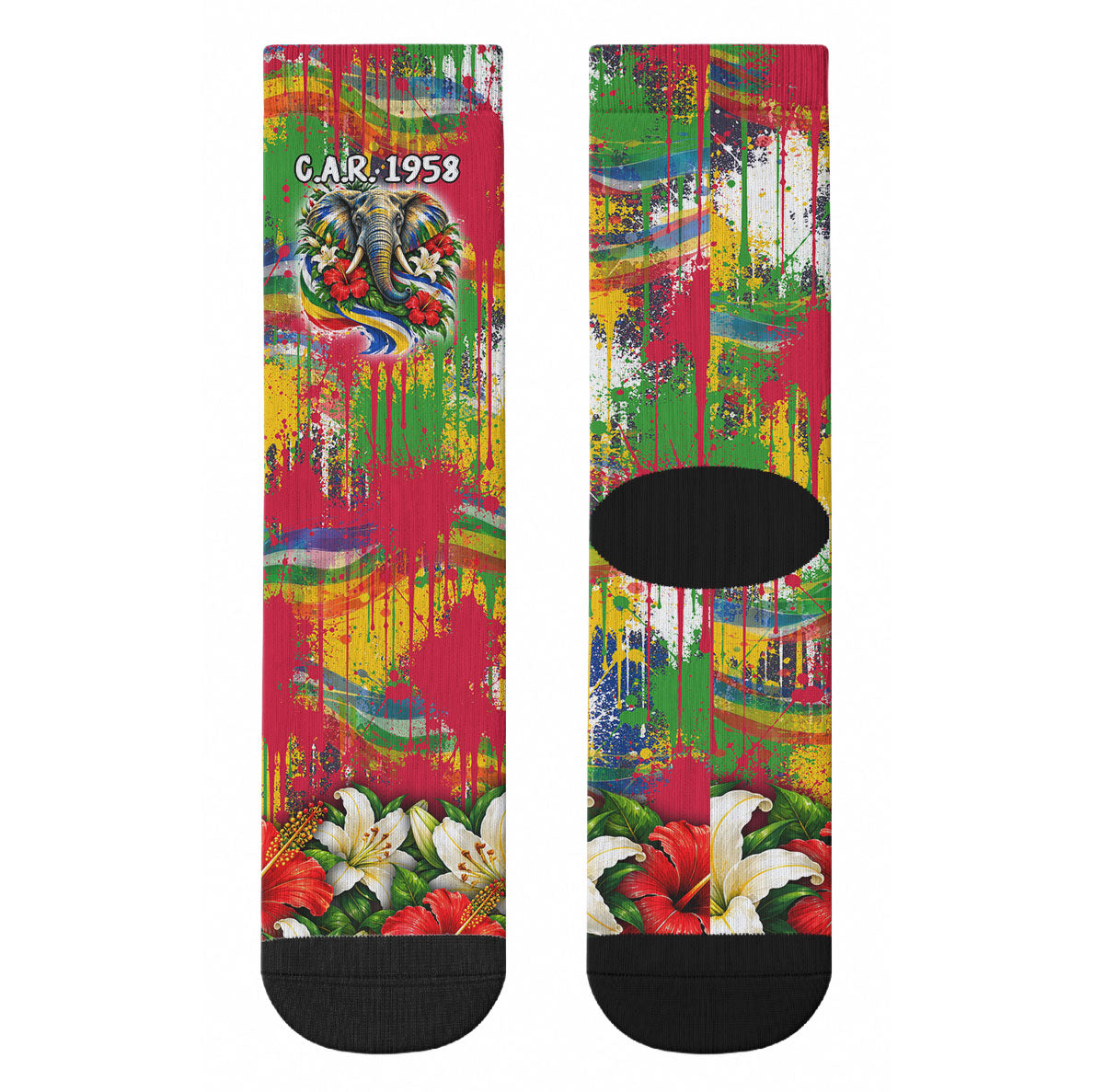 Central African Republic Day Crew Socks Elephant Colorful Paint Splatter Map Tropical Flowers