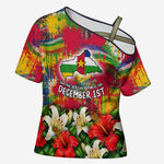 Central African Republic Day Cross Shoulder Shirt Elephant Colorful Paint Splatter Map Tropical Flowers