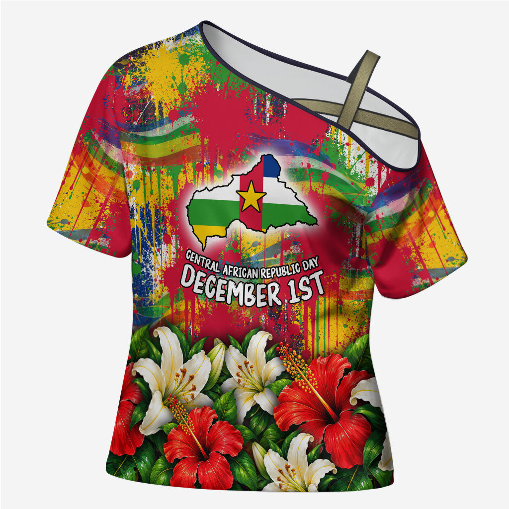 Central African Republic Day Cross Shoulder Shirt Elephant Colorful Paint Splatter Map Tropical Flowers
