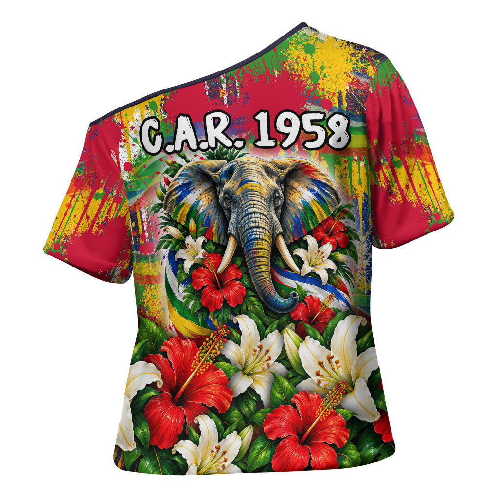Central African Republic Day Cross Shoulder Shirt Elephant Colorful Paint Splatter Map Tropical Flowers