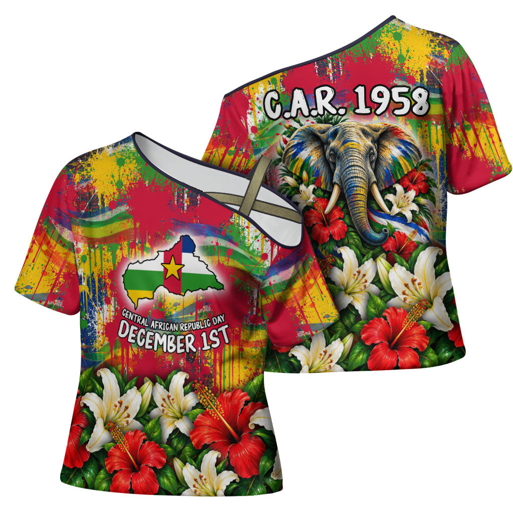 Central African Republic Day Cross Shoulder Shirt Elephant Colorful Paint Splatter Map Tropical Flowers