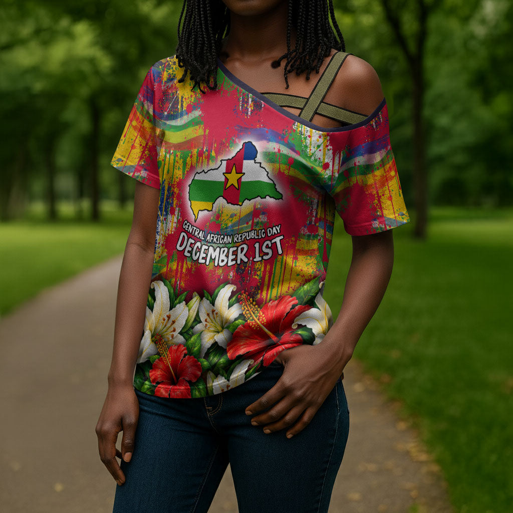 Central African Republic Day Cross Shoulder Shirt Elephant Colorful Paint Splatter Map Tropical Flowers