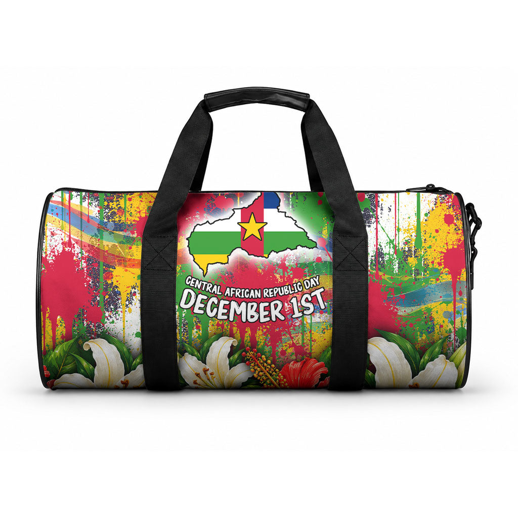 Central African Republic Day Duffle Bag Elephant Colorful Paint Splatter Map Tropical Flowers