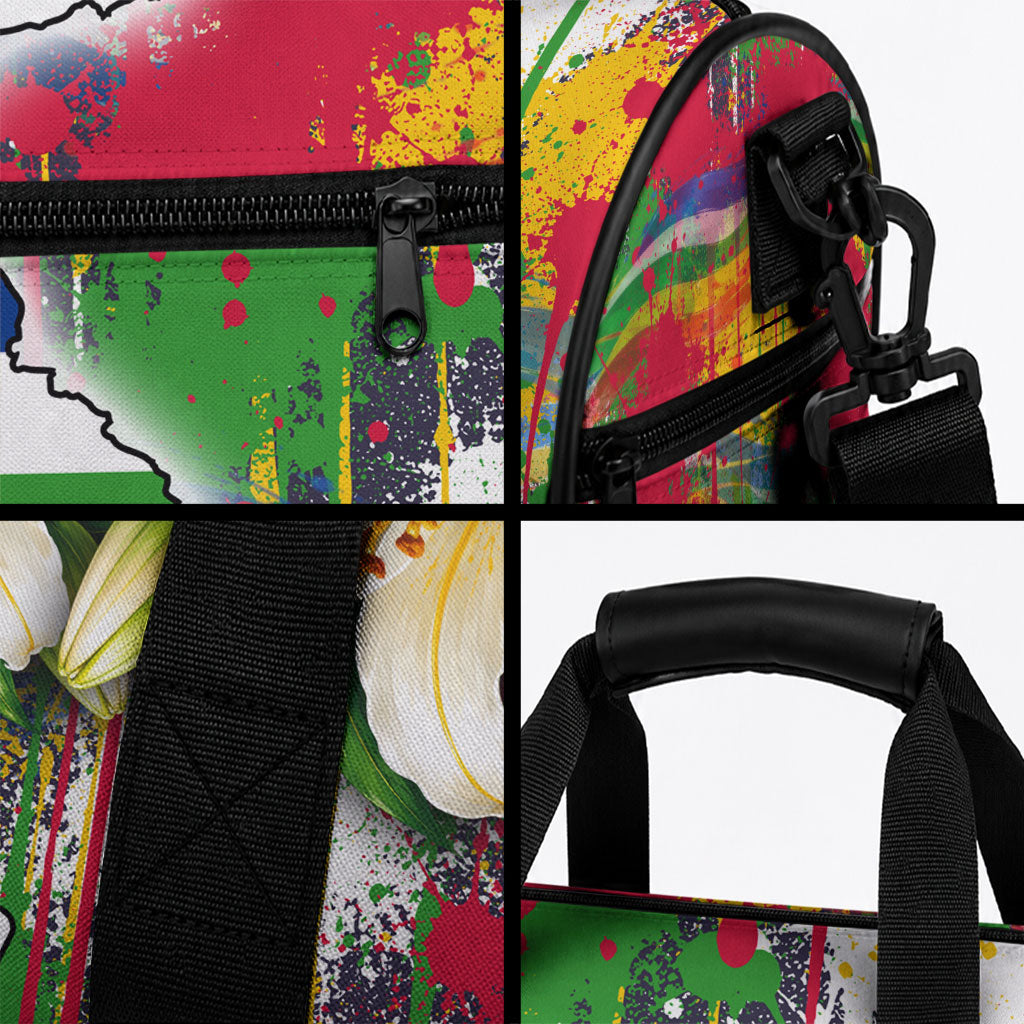 Central African Republic Day Duffle Bag Elephant Colorful Paint Splatter Map Tropical Flowers