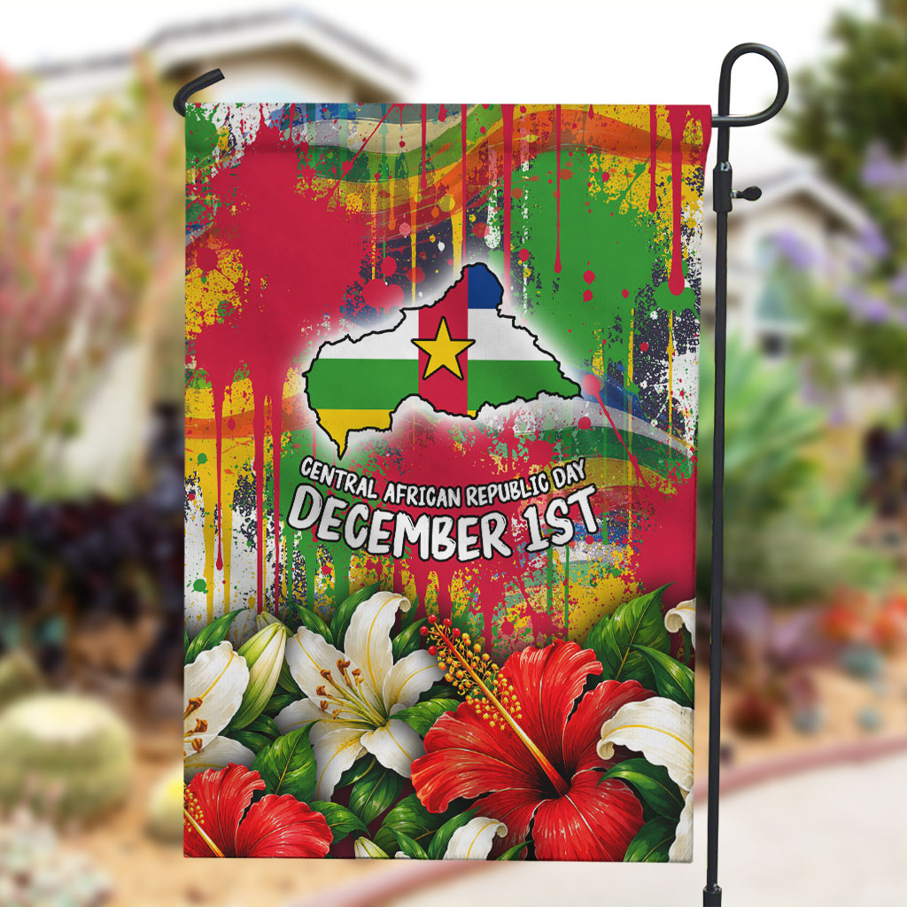 Central African Republic Day Garden Flag Elephant Colorful Paint Splatter Map Tropical Flowers