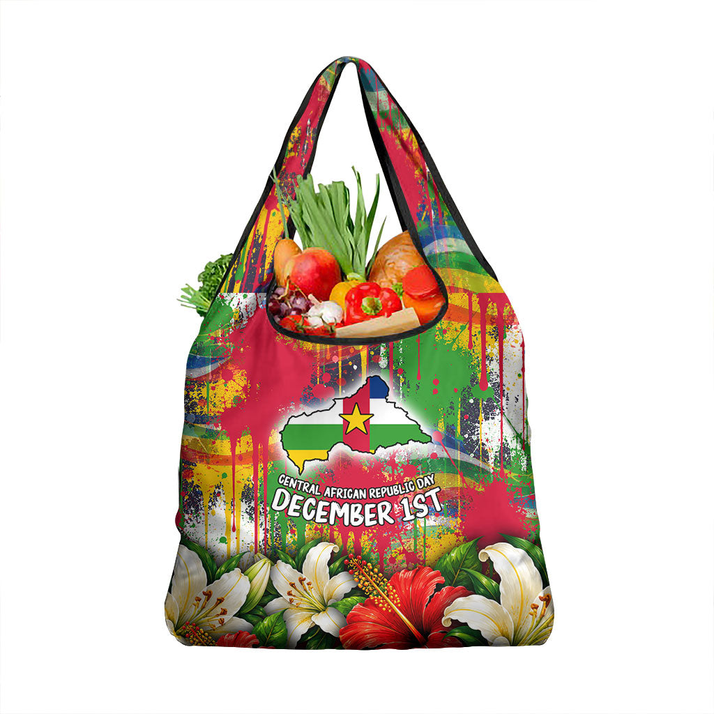 Central African Republic Day Grocery Bag Elephant Colorful Paint Splatter Map Tropical Flowers