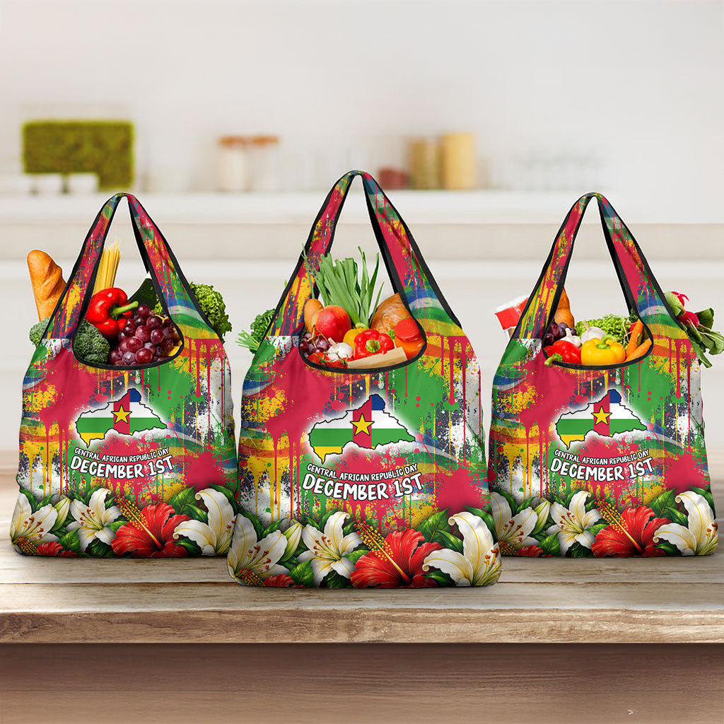 Central African Republic Day Grocery Bag Elephant Colorful Paint Splatter Map Tropical Flowers