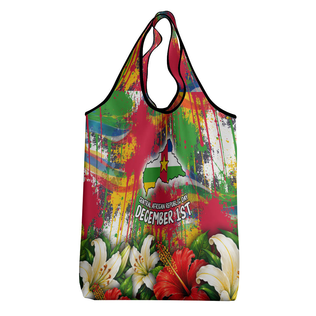 Central African Republic Day Grocery Bag Elephant Colorful Paint Splatter Map Tropical Flowers