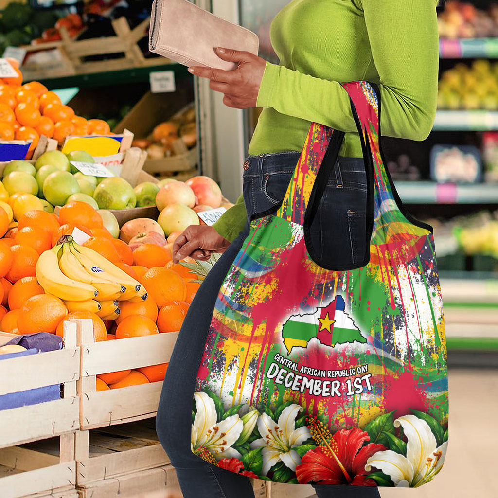 Central African Republic Day Grocery Bag Elephant Colorful Paint Splatter Map Tropical Flowers