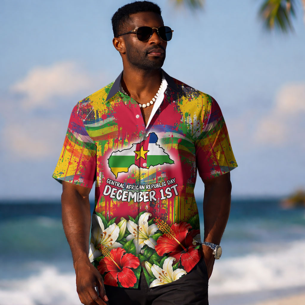 Central African Republic Day Hawaiian Shirt Elephant Colorful Paint Splatter Map Tropical Flowers