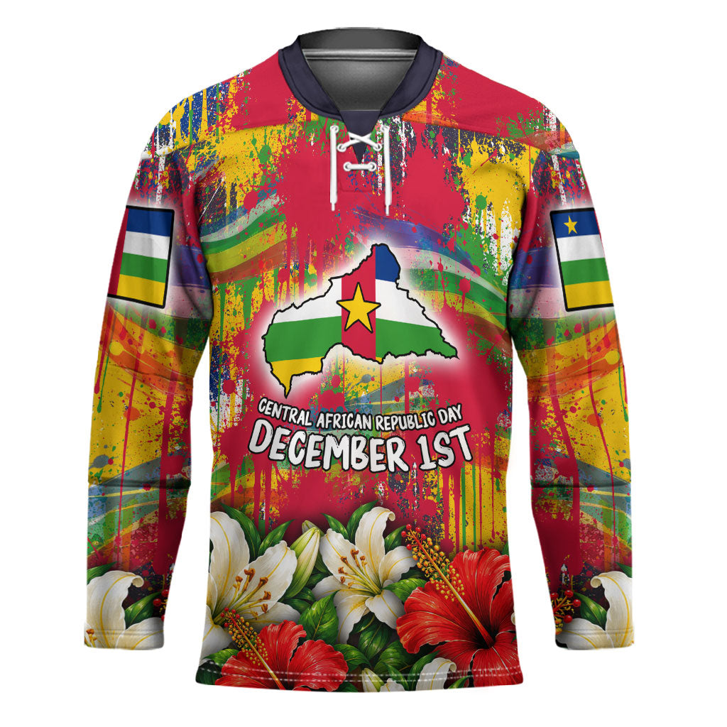 Central African Republic Day Hockey Jersey Elephant Colorful Paint Splatter Map Tropical Flowers