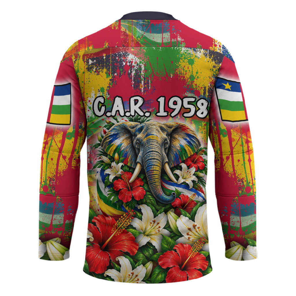 Central African Republic Day Hockey Jersey Elephant Colorful Paint Splatter Map Tropical Flowers