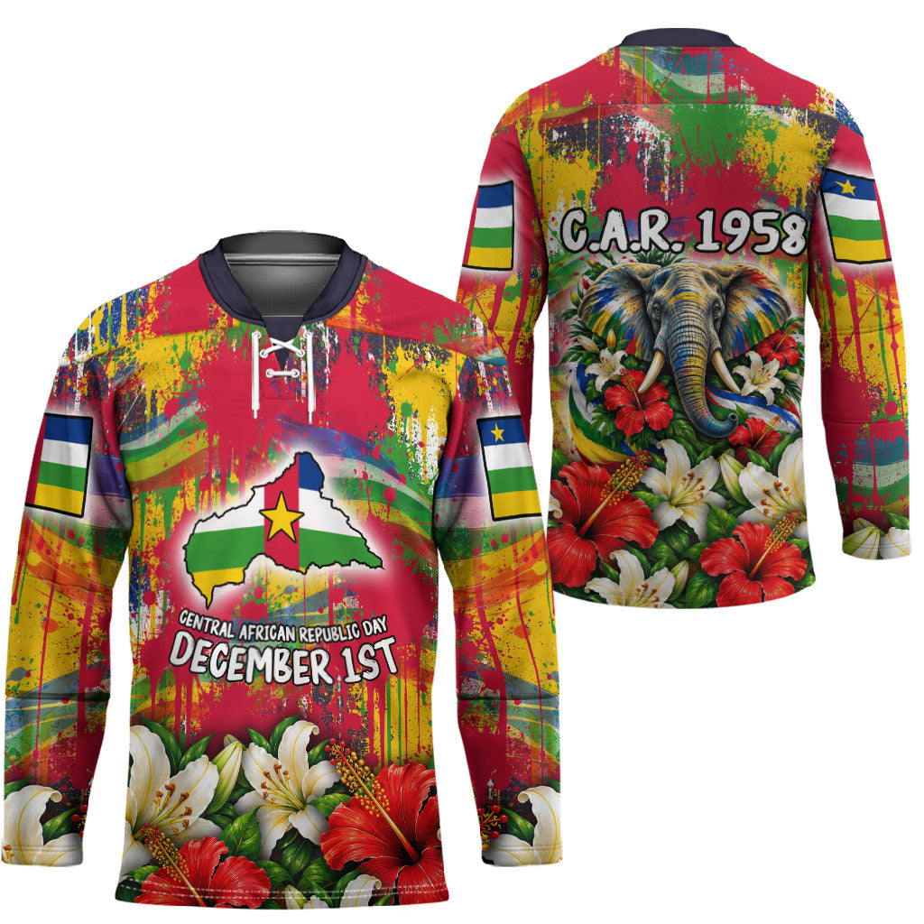 Central African Republic Day Hockey Jersey Elephant Colorful Paint Splatter Map Tropical Flowers