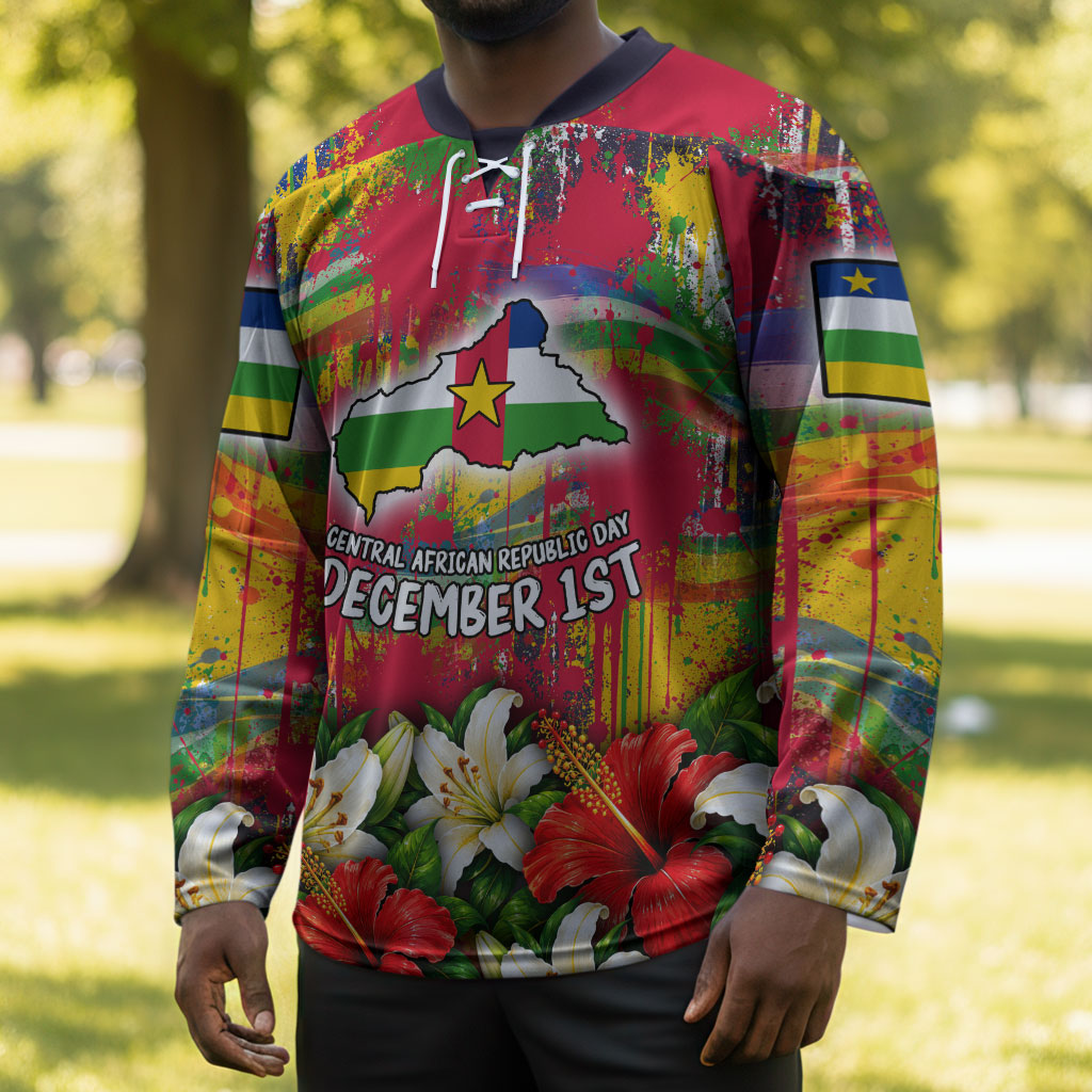 Central African Republic Day Hockey Jersey Elephant Colorful Paint Splatter Map Tropical Flowers