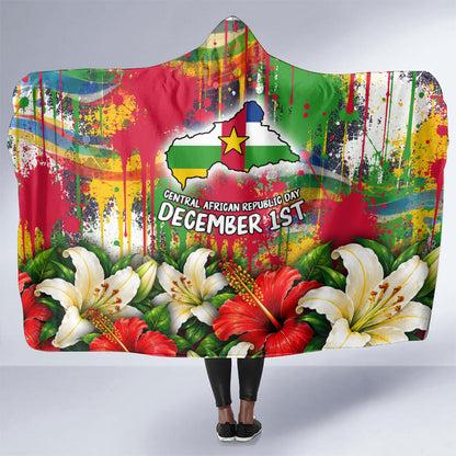 Central African Republic Day Hooded Blanket Elephant Colorful Paint Splatter Map Tropical Flowers
