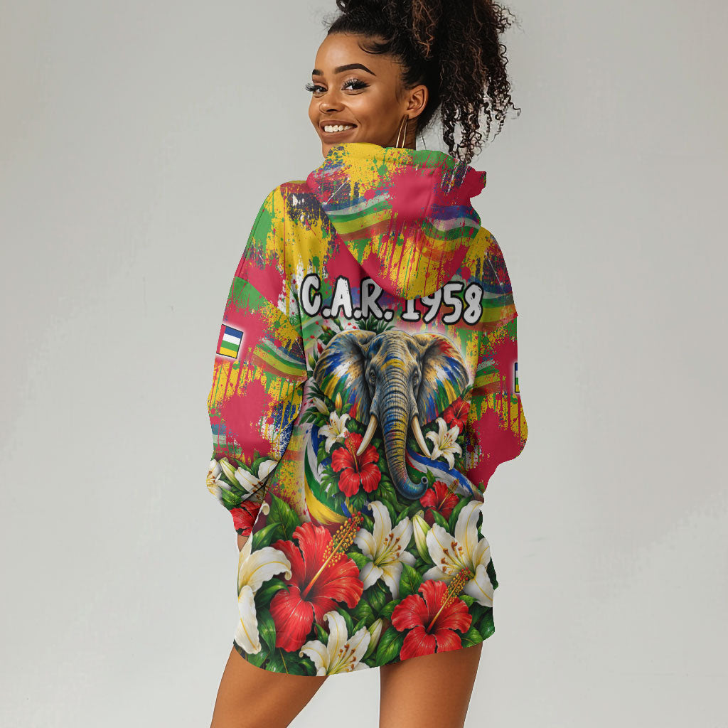 Central African Republic Day Hoodie Dress Elephant Colorful Paint Splatter Map Tropical Flowers