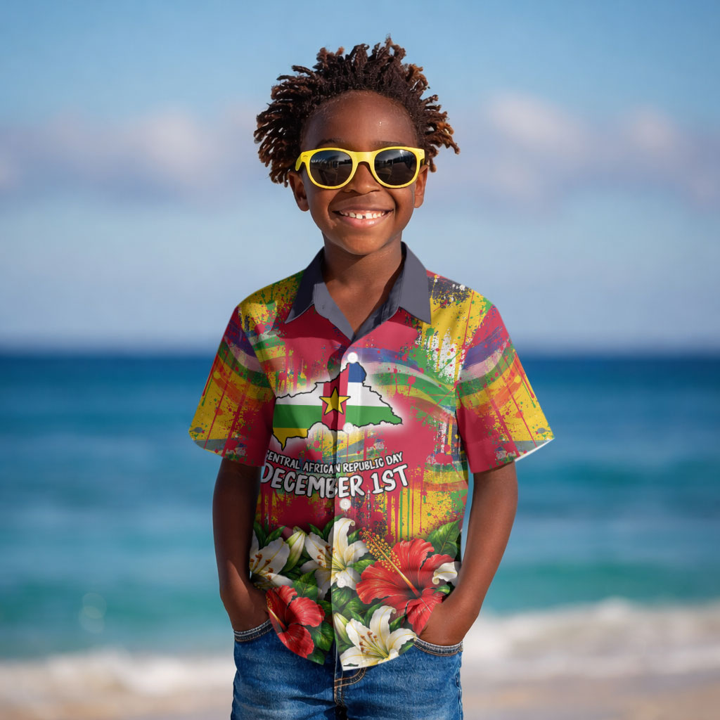 Central African Republic Day Kid Hawaiian Shirt Elephant Colorful Paint Splatter Map Tropical Flowers