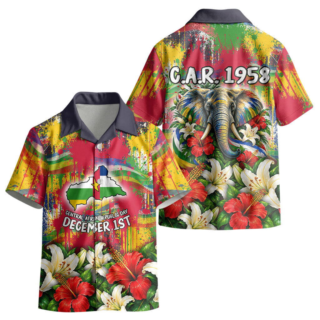 Central African Republic Day Kid Hawaiian Shirt Elephant Colorful Paint Splatter Map Tropical Flowers
