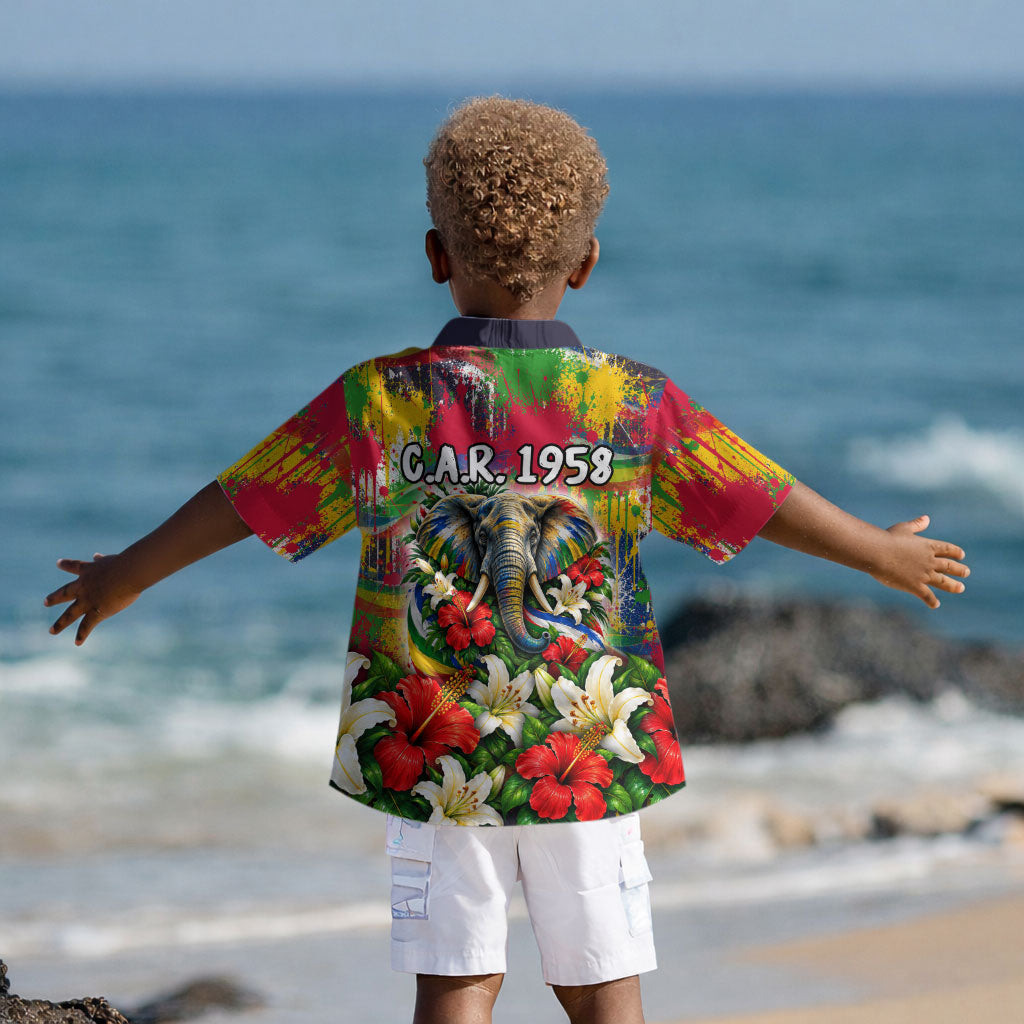 Central African Republic Day Kid Hawaiian Shirt Elephant Colorful Paint Splatter Map Tropical Flowers