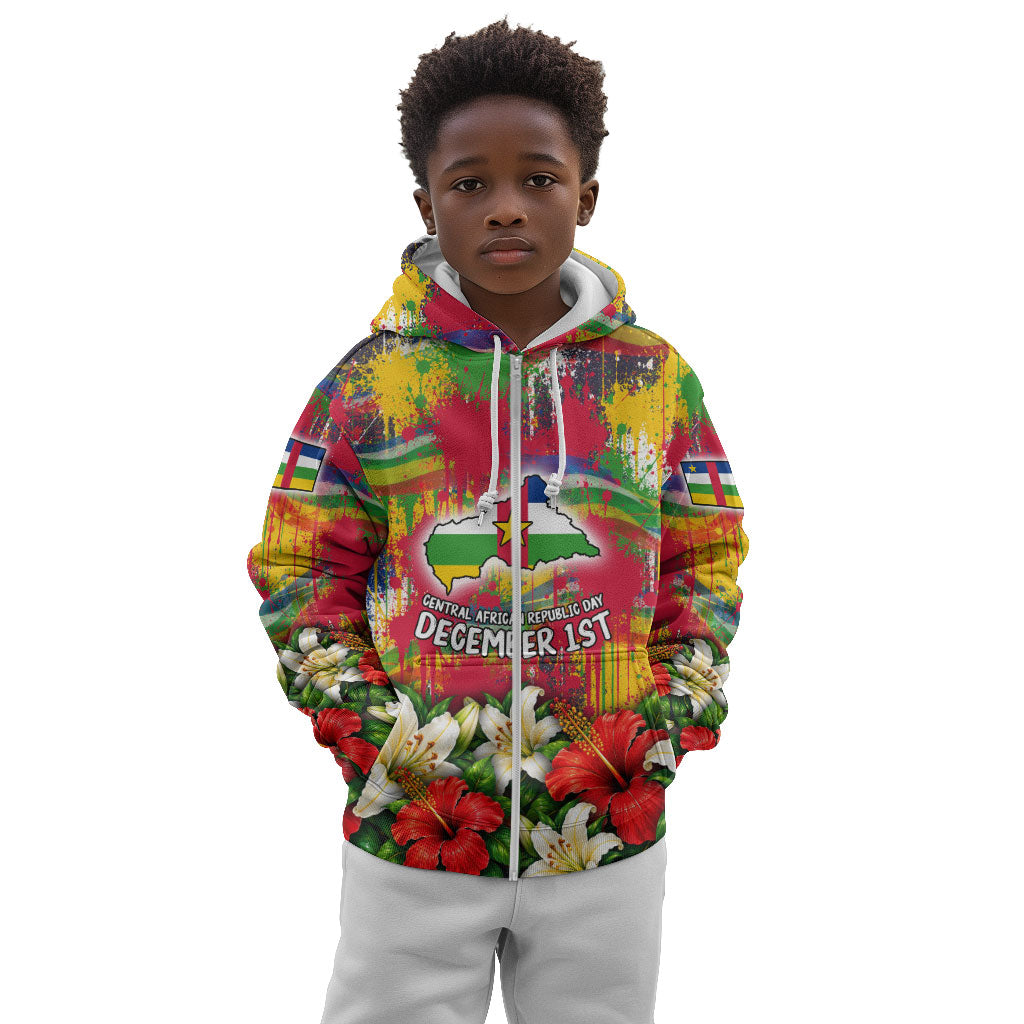 Central African Republic Day Kid Hoodie Elephant Colorful Paint Splatter Map Tropical Flowers