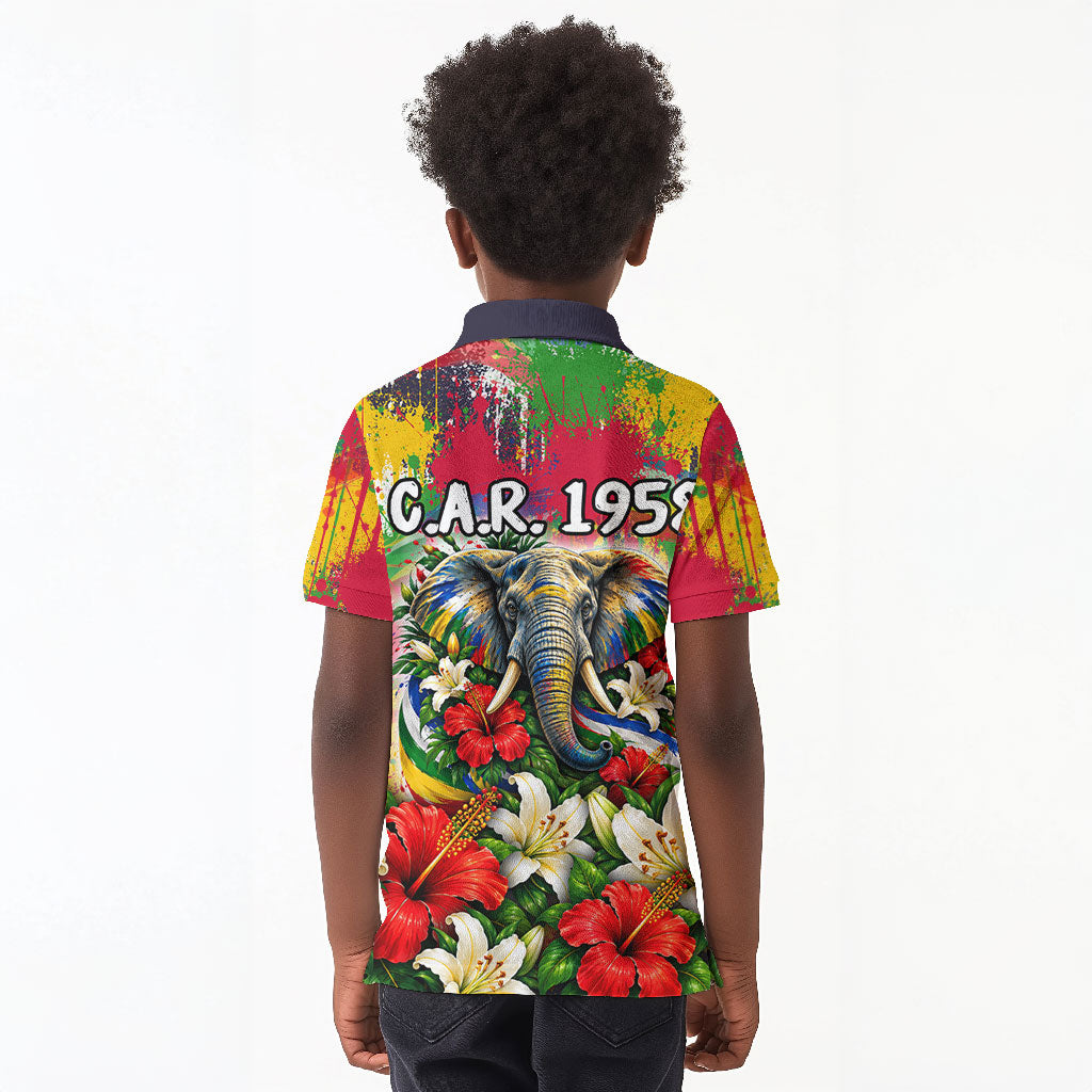 Central African Republic Day Kid Polo Shirt Elephant Colorful Paint Splatter Map Tropical Flowers