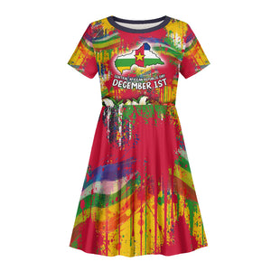Central African Republic Day Kid Short Sleeve Dress Elephant Colorful Paint Splatter Map Tropical Flowers