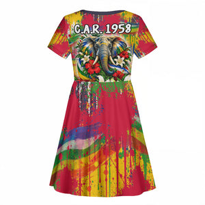 Central African Republic Day Kid Short Sleeve Dress Elephant Colorful Paint Splatter Map Tropical Flowers