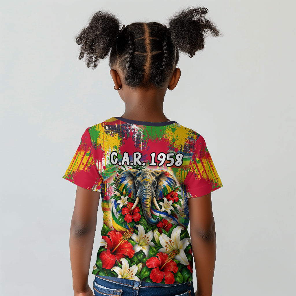 Central African Republic Day Kid T shirt Elephant Colorful Paint Splatter Map Tropical Flowers