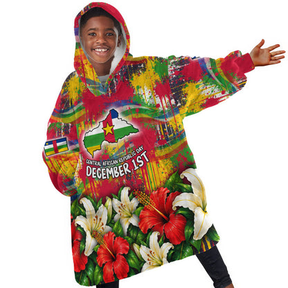 Central African Republic Day Kid Wearable Blanket Hoodie Elephant Colorful Paint Splatter Map Tropical Flowers