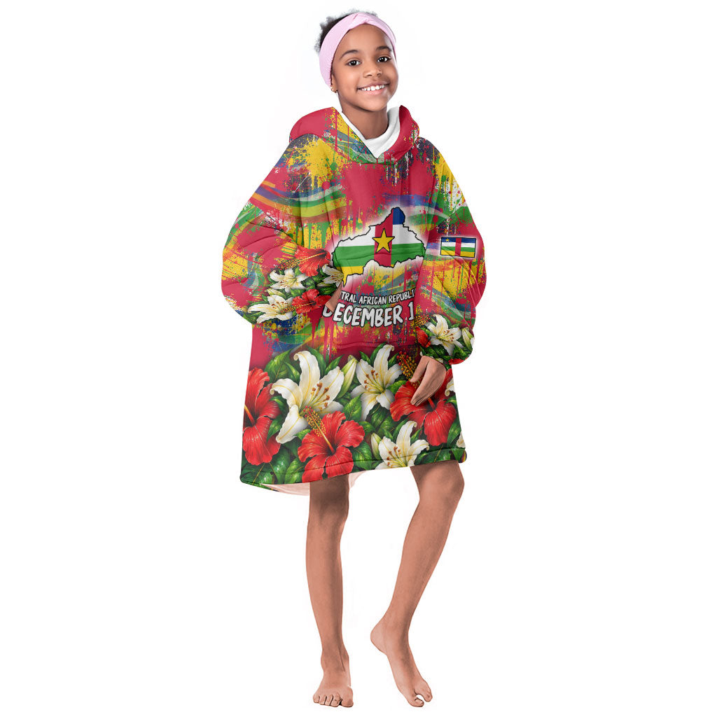 Central African Republic Day Kid Wearable Blanket Hoodie Elephant Colorful Paint Splatter Map Tropical Flowers