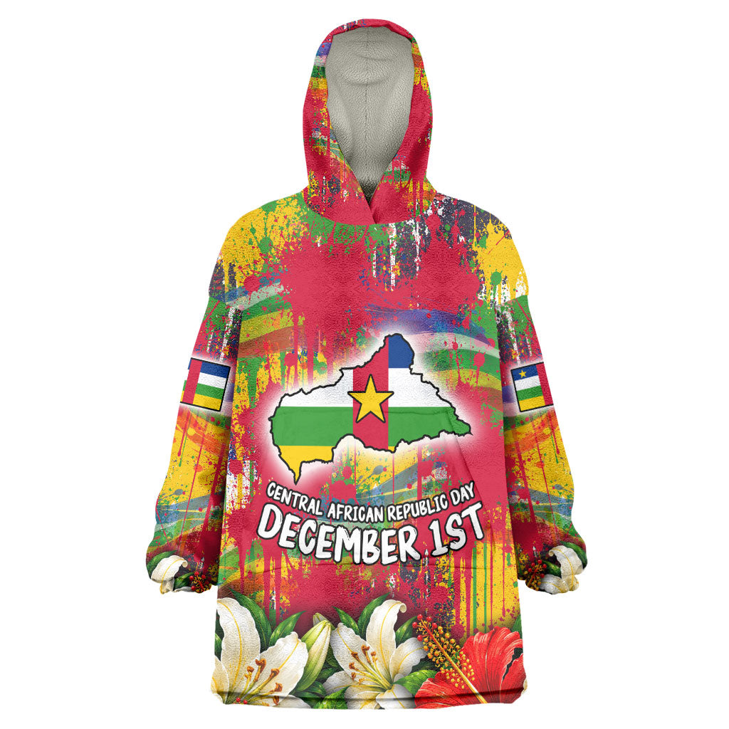 Central African Republic Day Kid Wearable Blanket Hoodie Elephant Colorful Paint Splatter Map Tropical Flowers