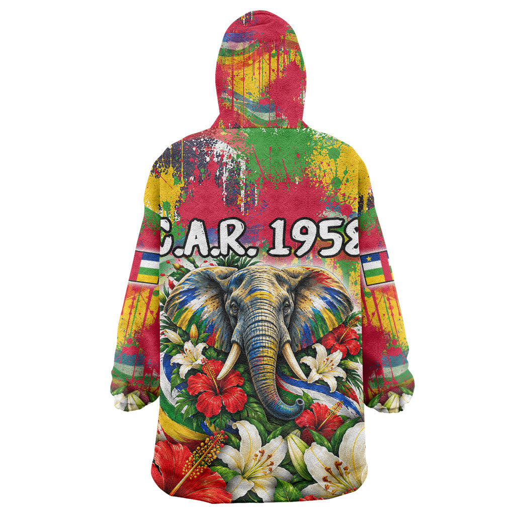 Central African Republic Day Kid Wearable Blanket Hoodie Elephant Colorful Paint Splatter Map Tropical Flowers