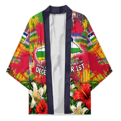 Central African Republic Day Kimono Elephant Colorful Paint Splatter Map Tropical Flowers