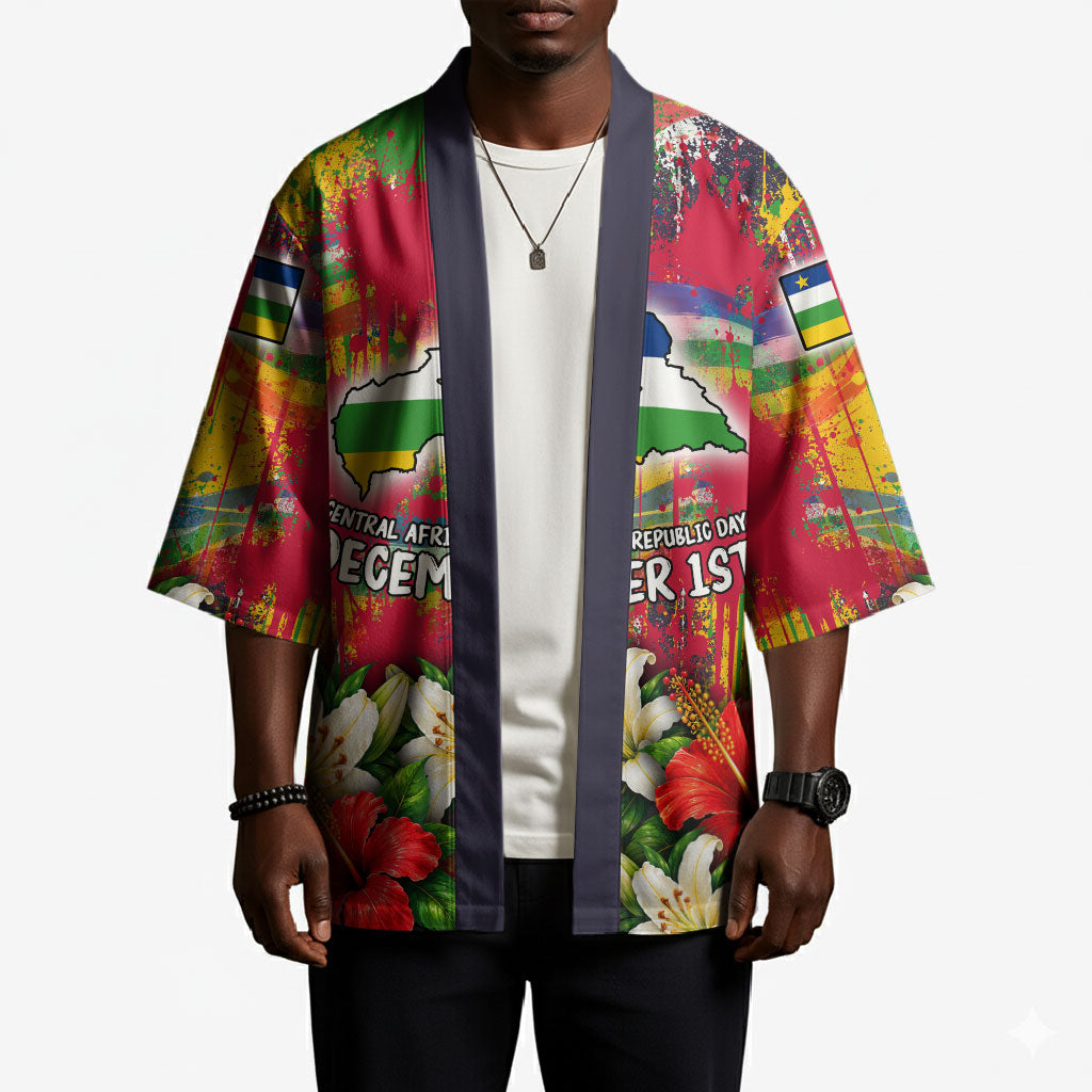 Central African Republic Day Kimono Elephant Colorful Paint Splatter Map Tropical Flowers