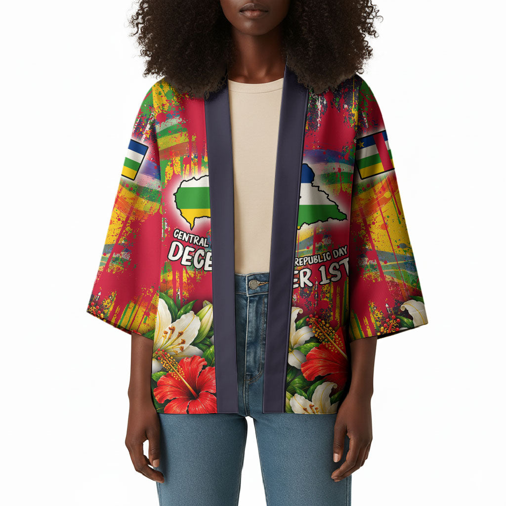 Central African Republic Day Kimono Elephant Colorful Paint Splatter Map Tropical Flowers