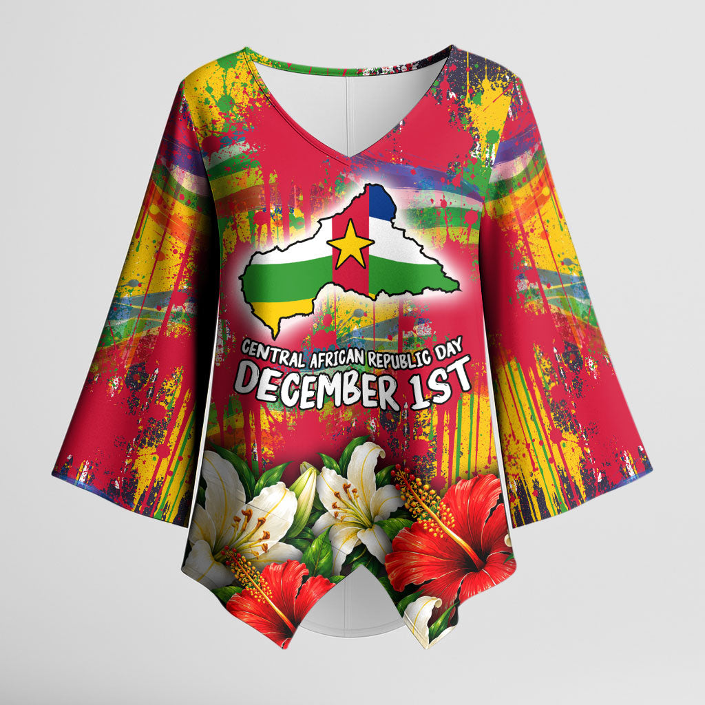 Central African Republic Day Kimono Sleeve Blouse Elephant Colorful Paint Splatter Map Tropical Flowers