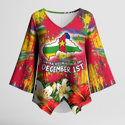 Central African Republic Day Kimono Sleeve Blouse Elephant Colorful Paint Splatter Map Tropical Flowers