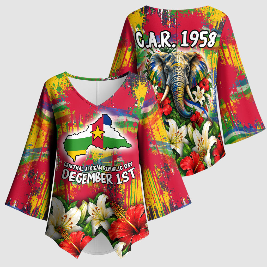 Central African Republic Day Kimono Sleeve Blouse Elephant Colorful Paint Splatter Map Tropical Flowers