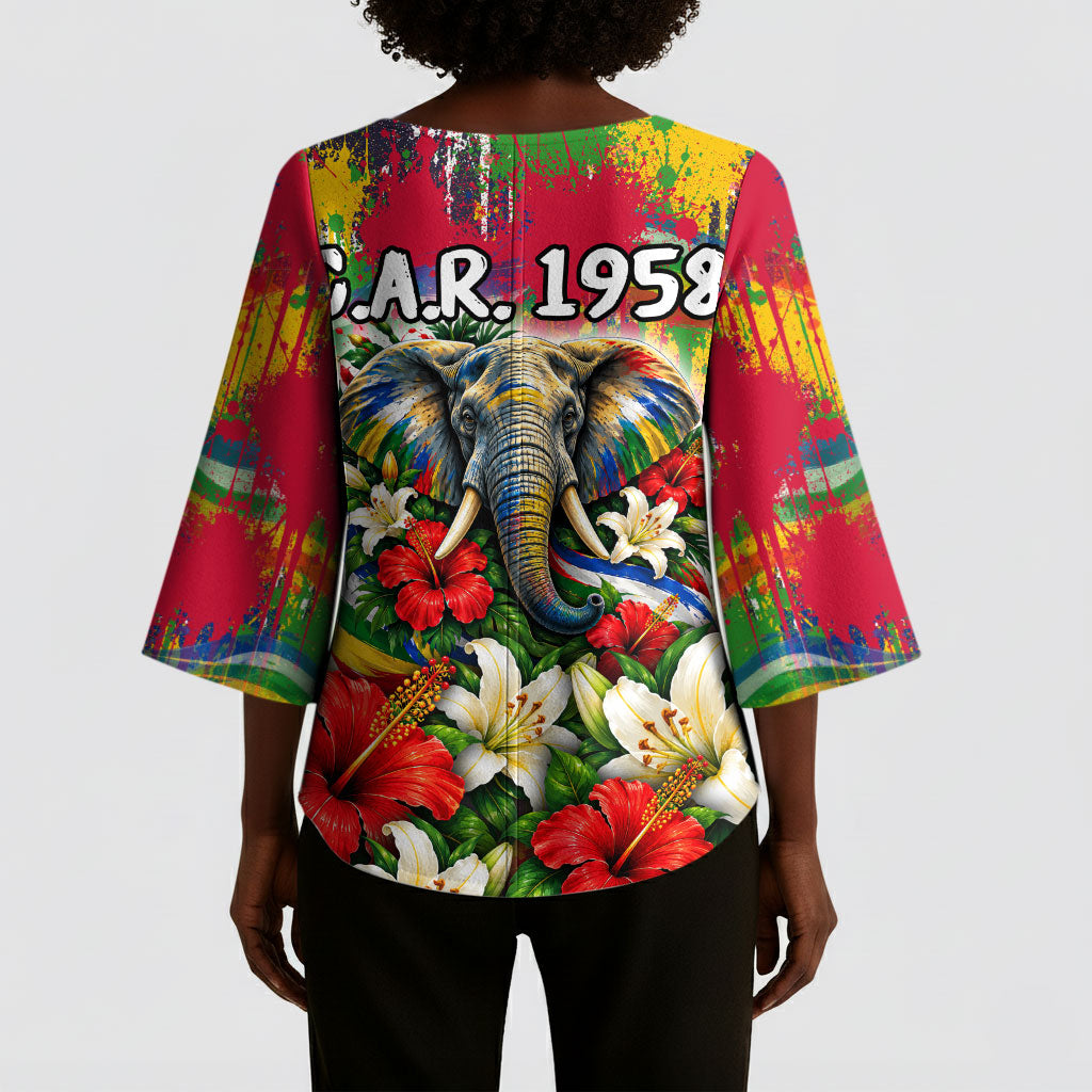 Central African Republic Day Kimono Sleeve Blouse Elephant Colorful Paint Splatter Map Tropical Flowers