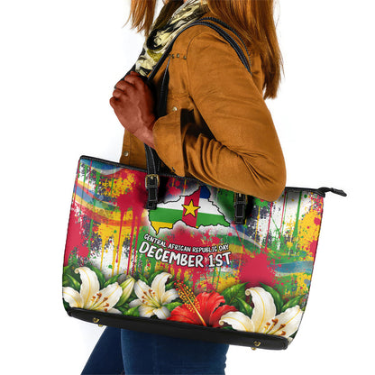 Central African Republic Day Leather Tote Bag Elephant Colorful Paint Splatter Map Tropical Flowers