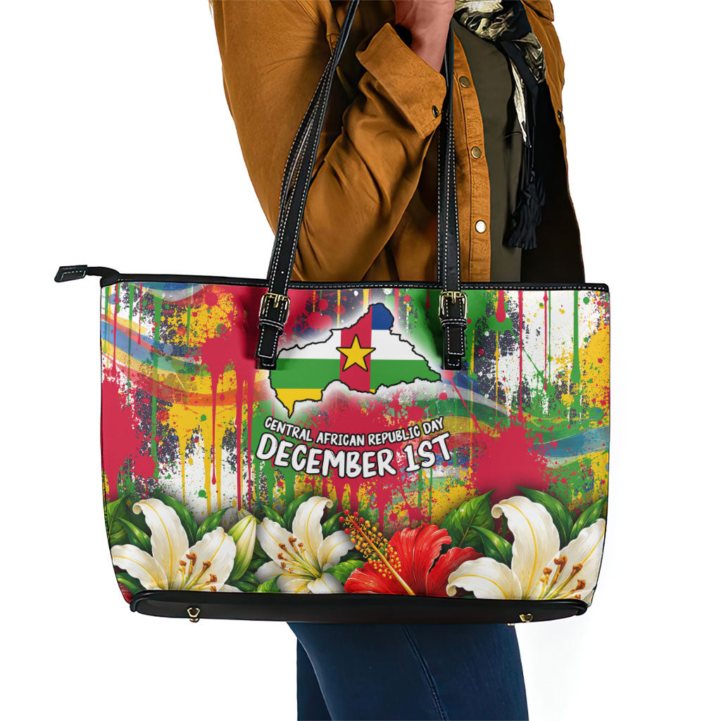 Central African Republic Day Leather Tote Bag Elephant Colorful Paint Splatter Map Tropical Flowers